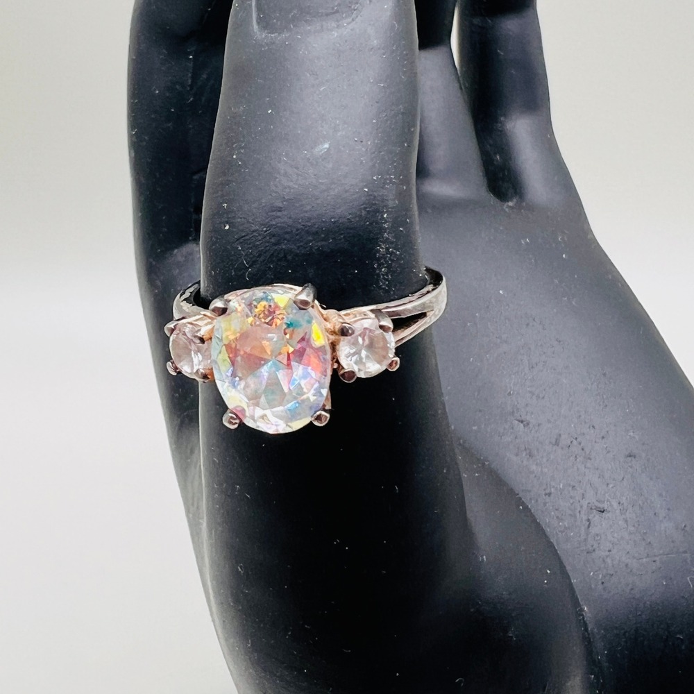 Three Stone Ring Clear Faceted Crystal Sterling Silver Cocktail Glam 925 Size 8